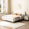 White Upholstered Headboard Double Bed with Gold Legs and Orange Pillow in Modern Bedroom