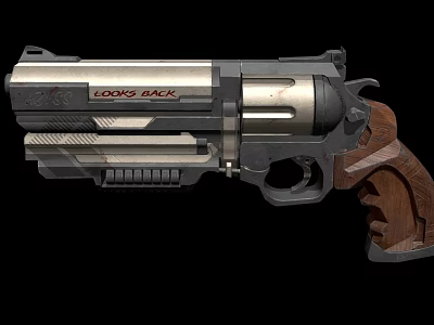 Detailed Revolver with Metallic Components Wooden Grip and Engraved LOOK BACK Text 3d model