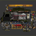 Green Custom Mechanical Truck With Yellow Warning Stripes Roof Equipment And Robotic Gadgets