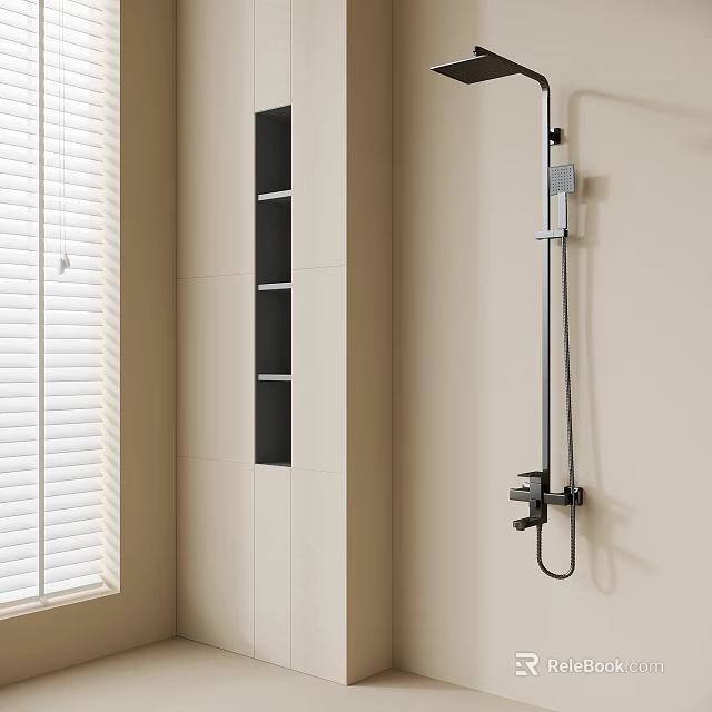 Modern Bathroom Interior With Stylish Shower Fixture On Beige Wall And Window Blinds 3d model 