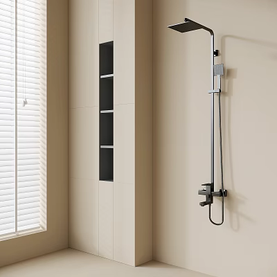 Modern Bathroom Interior With Stylish Shower Fixture On Beige Wall And Window Blinds 3d model