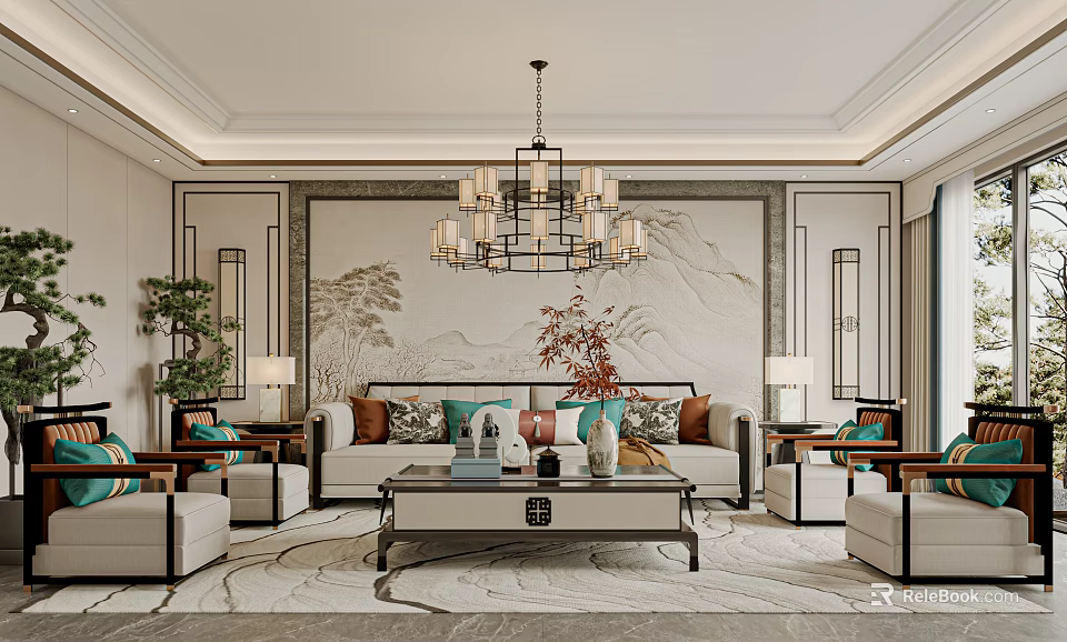 Traditional Chinese Living Room Interior With Sofa Coffee Table Chandelier And Wall Mural 3d model 