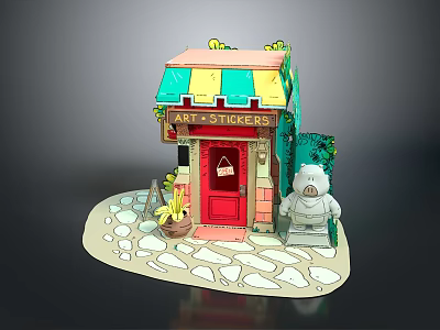 Art Stickers Shop Building With Red Door Green Yellow Striped Awning Stone Statue And Plants 3d model