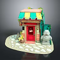 Art Stickers Shop Building With Red Door Green Yellow Striped Awning Stone Statue And Plants