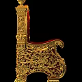 Intricate Golden Carved Throne With Red Upholstered Seat And Armrests