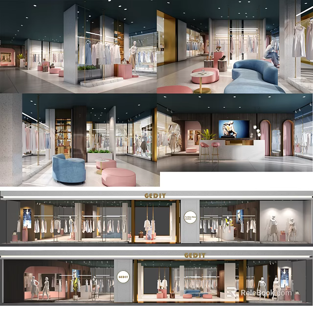 Stylish Modern Clothing Store Interior With Fashion Apparel Display Racks And Comfortable Sofas 3d model 