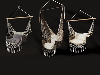 Macramé Hanging Chairs With Wooden Crossbars Soft Gray White Cushions And Tassel Details 3d model