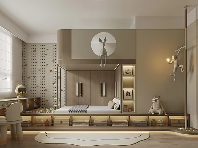 Modern Kids Room Interior Design With Bed Cabinets Rabbit Decor Shelves And Rug 3d model