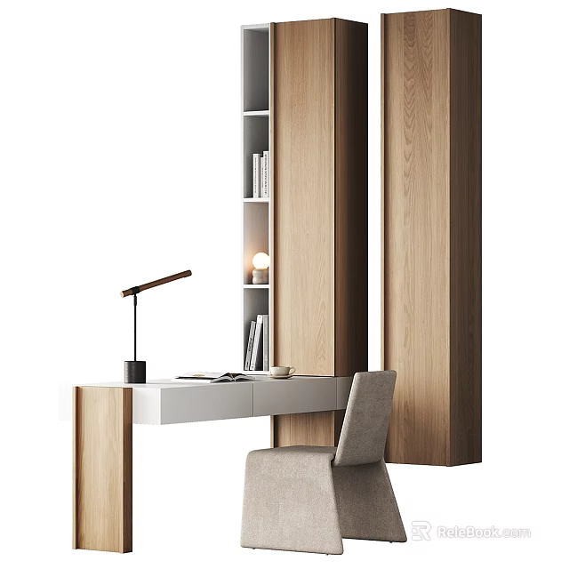 Minimalist Modern Wooden Desk And Chair Set With Bookshelf And Table Lamp Interior 3d model 