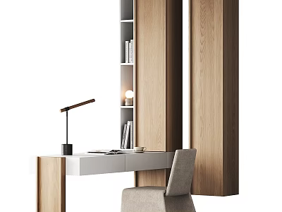 Minimalist Modern Wooden Desk And Chair Set With Bookshelf And Table Lamp Interior 3d model