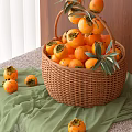 Fresh Ripe Persimmons in Wicker Basket with Green Leaves on Wooden Background and Green Cloth