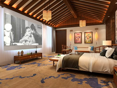 Chinese Style Hotel Guest Room With Wooden Ceiling Chandeliers Decorative Paintings And Large Screen Projection 3d model