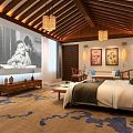Chinese Style Hotel Guest Room With Wooden Ceiling Chandeliers Decorative Paintings And Large Screen Projection