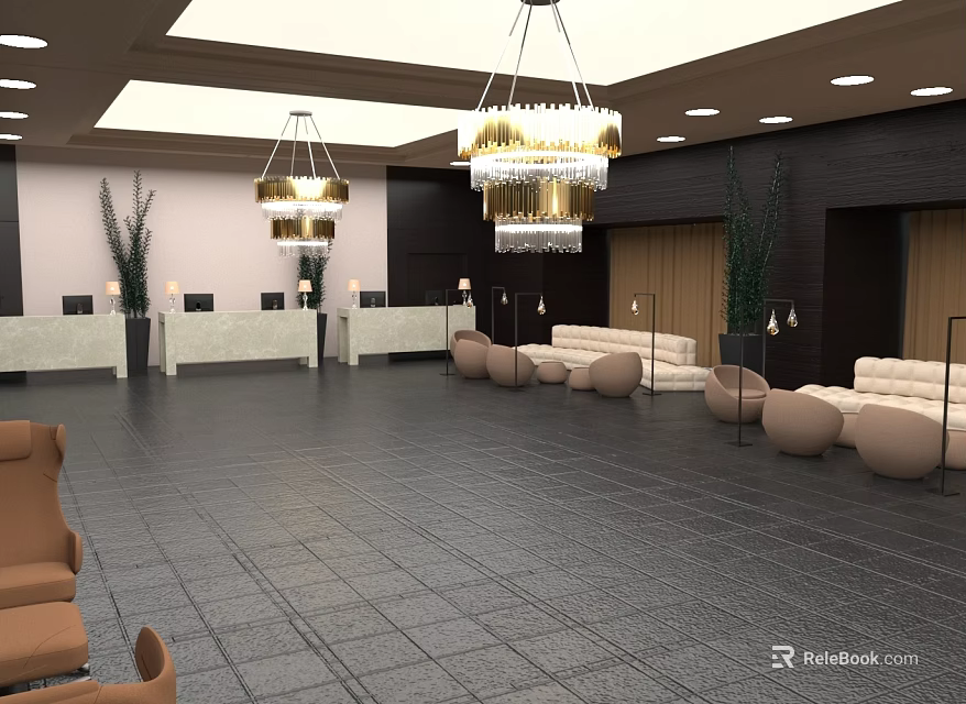 Luxurious Modern Lobby Furniture With Comfortable Sofas Stylish Chandeliers And Green Plants 3d model 