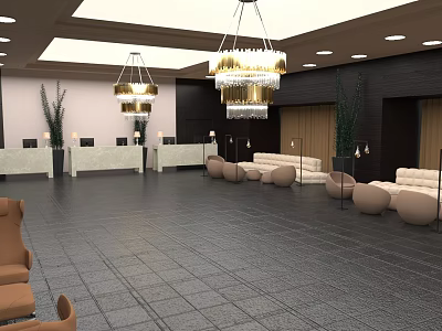 Luxurious Modern Lobby Furniture With Comfortable Sofas Stylish Chandeliers And Green Plants 3d model