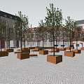 Campus Square Landscape Featuring Red Brick Buildings Wooden Planters Trees Benches and Paved Ground