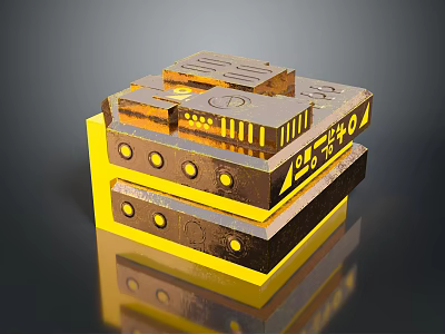 Scenic Landscape with Golden Geometric Structures and Reflective Surface Patterns 3d model