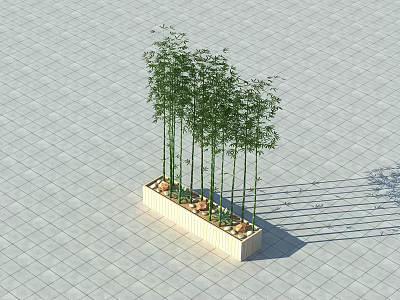 Decorative Bonsai Potted Plant with Bamboo in Square Planter on Tiled Ground 3d model