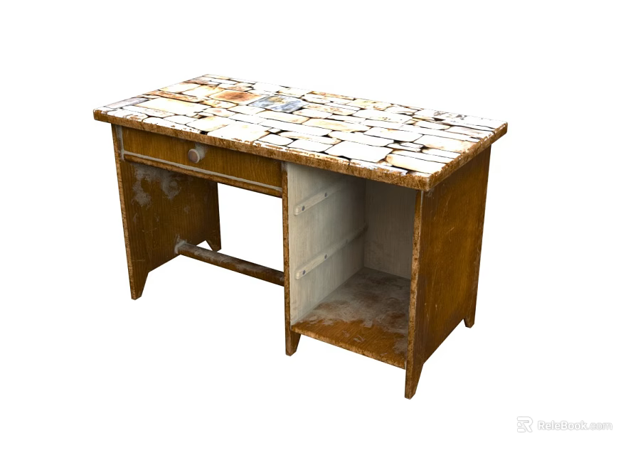Vintage Wooden Desk With Worn Mosaic Tile Top Single Drawer And Open Shelf 3d model 