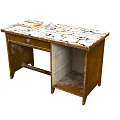 Vintage Wooden Desk With Worn Mosaic Tile Top Single Drawer And Open Shelf