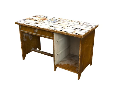 Vintage Wooden Desk With Worn Mosaic Tile Top Single Drawer And Open Shelf 3d model