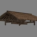 Wooden Awning With Thatched Roof And Supporting Posts For Outdoor Shade