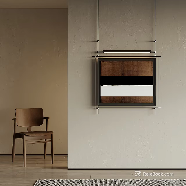 Modern Minimalist Interior With Wooden Wall Mounted Shelf And Chair On Neutral Background 3d model 