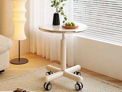 Round White Side Table with Wheels Vase Plant and Fruits on Living Room Carpet 3d model