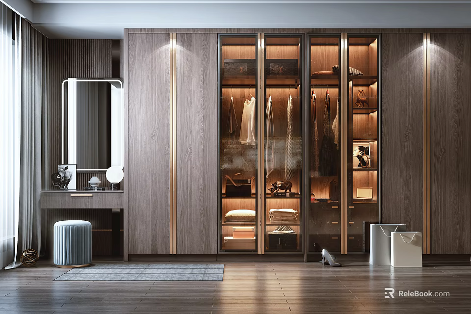 Modern Wooden Wardrobe With Glass Doors Interior Storage Lighting And Dressing Table 3d model 