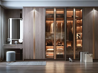 Modern Wooden Wardrobe With Glass Doors Interior Storage Lighting And Dressing Table 3d model
