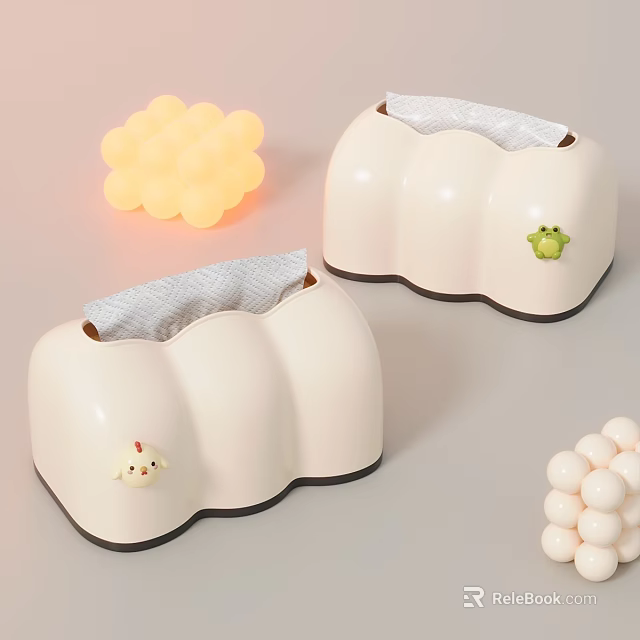 Cute White Wavy Tissue Boxes With Chick Frog Decor And Round Ball Lights For Home 3d model 
