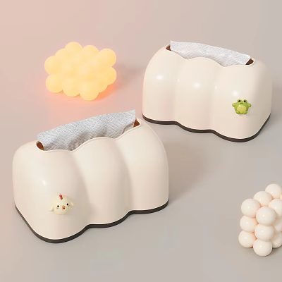 Cute White Wavy Tissue Boxes With Chick Frog Decor And Round Ball Lights For Home 3d model