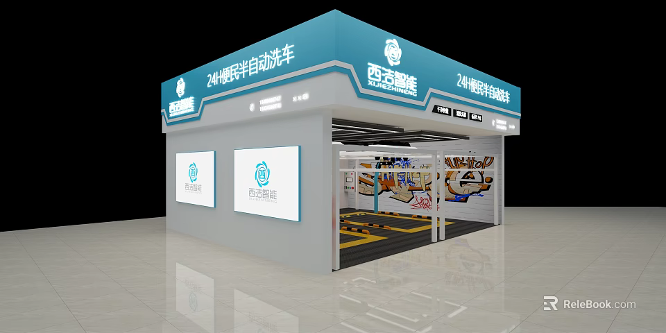 4S Car Dealership Showroom With Blue White Exterior And Auto Exhibition Displays 3d model 