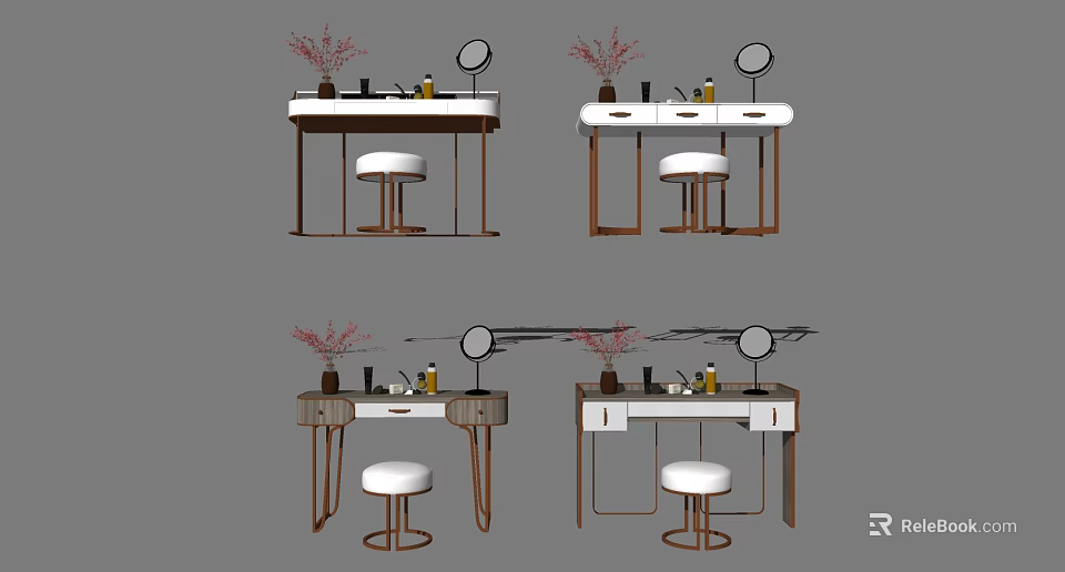 Modern Dressing Table Designs With Round Mirror Stool Drawers And Flower Decor 3d model 