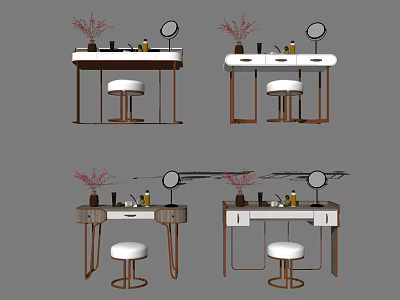 Modern Dressing Table Designs With Round Mirror Stool Drawers And Flower Decor 3d model