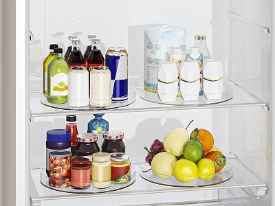 Organized Refrigerator Interior With Glass Shelves Holding Drinks Milk Jams And Fresh Fruits 3d model