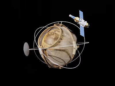 Globe Model With Orbital Rings And Satellite Spacecraft Against Black Background 3d model