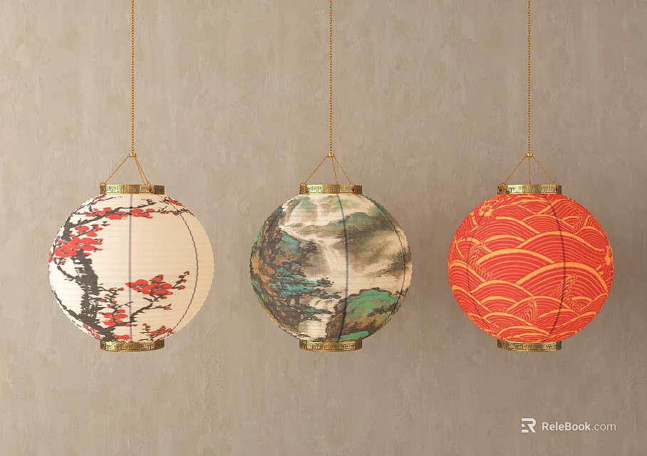 Hanging Traditional Chinese Lanterns With Plum Blossom Landscape And Wave Patterns 3d model 