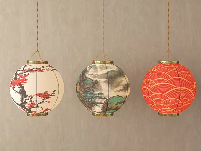 Hanging Traditional Chinese Lanterns With Plum Blossom Landscape And Wave Patterns 3d model