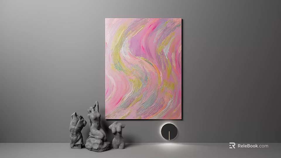 Abstract Painting With Pink Yellow Green Waves Grey Sculptures And Round Clock In Modern Interior 3d model 