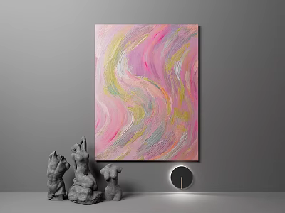 Abstract Painting With Pink Yellow Green Waves Grey Sculptures And Round Clock In Modern Interior 3d model