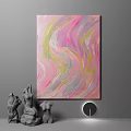 Abstract Painting With Pink Yellow Green Waves Grey Sculptures And Round Clock In Modern Interior
