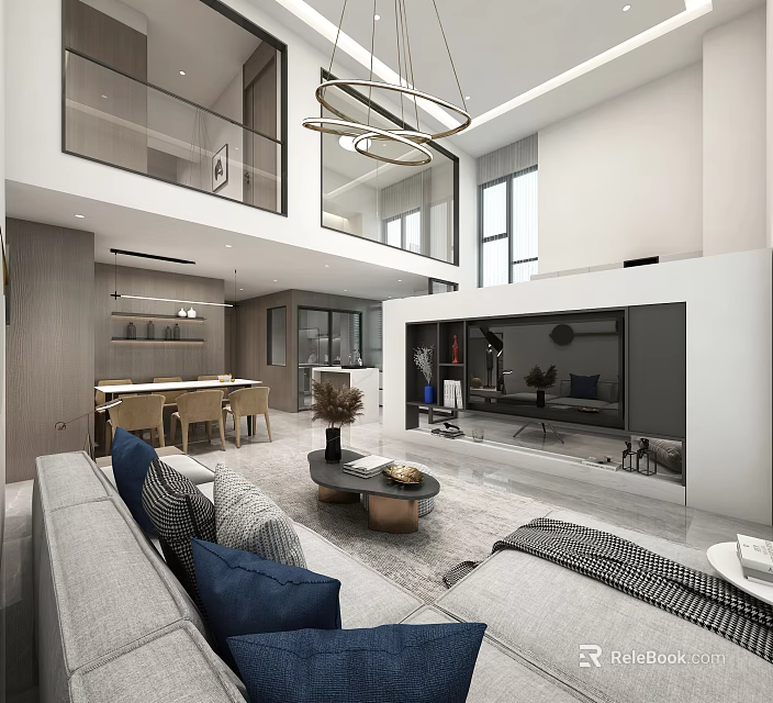 Modern Loft Living Room With Sofa And Chandelier 3d model 