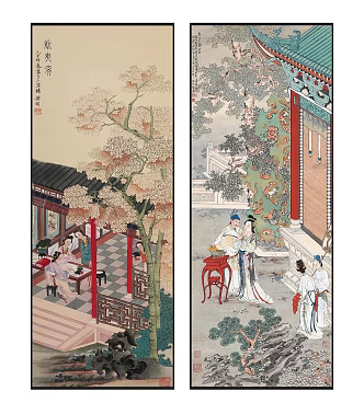 Chinese Figure Painting Elegant Artistic Conception Character Play Hanging Picture Combination 3d model