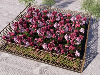 Garden Landscape With Square Flower Bed Wooden Lattice Fence And Pink Purple Flowers 3d model