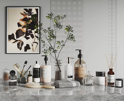 Stylish Modern Bathroom Accessories On Countertop With Soap Dispensers Toothbrush Holders And Aromatherapy Sticks 3d model