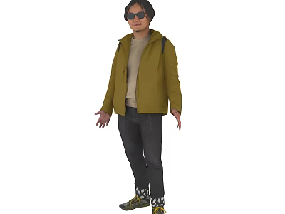 Man Wearing Olive Jacket Light Gray Shirt Plaid Pants Sneakers 3d model