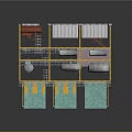 Industrial Multi Level Structure With Yellow Framework Blue Base White Equipment And Red Components