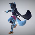 Anthropomorphic Blue Wolf Warrior Holding Sword And Shield In Battle Stance With Pink Skirt
