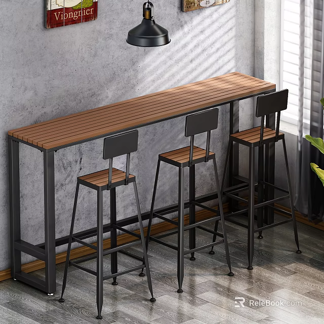 Indoor Modern Bar Table With Wooden Top Black Metal Frame And Three High Stools 3d model 